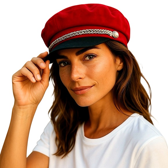Red Cabbie Hat Braided Rope Accent Silver Button Detail Red Chauffeur Cap New! - Picture 1 of 15
